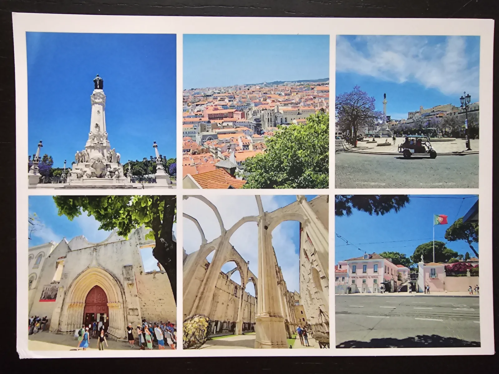 Eine Collage aus sechs Fotos zeigt verschiedene Ansichten Lissabons, darunter Denkmäler, historische Ruinen und Stadtpanoramen.