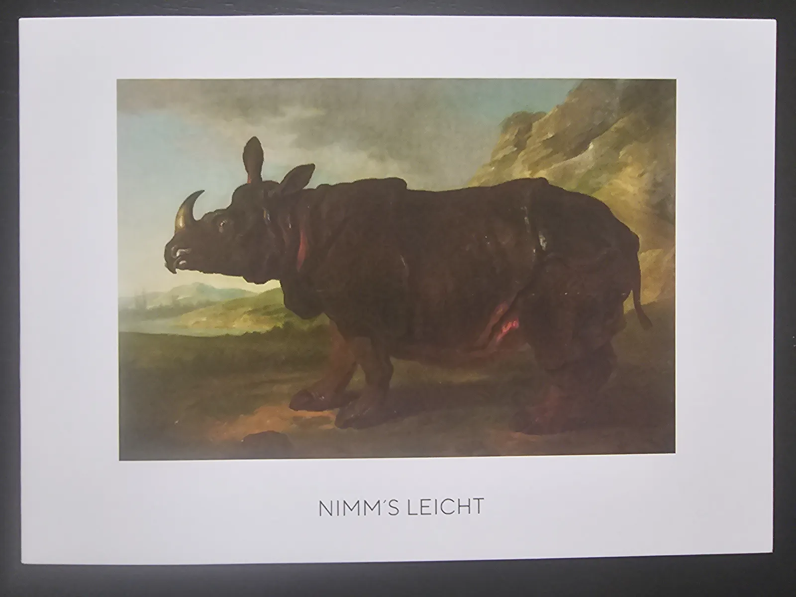 Ein Gemälde zeigt ein dunkles Nashorn, das in einer weiten Landschaft steht, mit dem Text „NIMM’S LEICHT“ darunter.