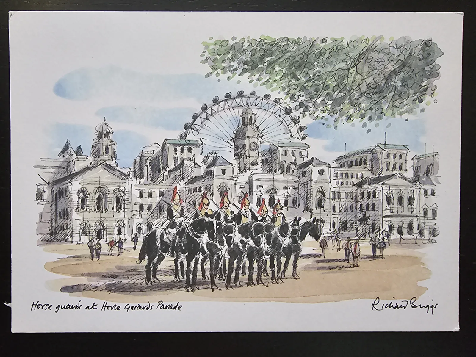 Gezeichnet: Berittene Horse Guards paradieren in London vor historischen Gebäuden und dem London Eye.
