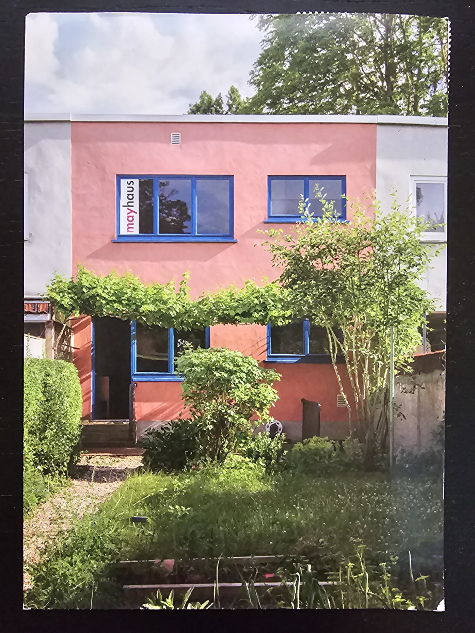Ein rosafarbenes Haus mit grauen Akzenten, blauen Fenstern und einem "mayhaus"-Schild, umgeben von üppigem Grün.