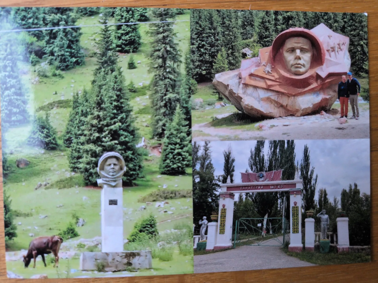 Das Bild ist eine Collage aus drei Fotos, die grüne Landschaften mit Denkmälern eines Kosmonauten, einer weidenden Kuh und einem verzierten Sanatoriumstor zeigen.
