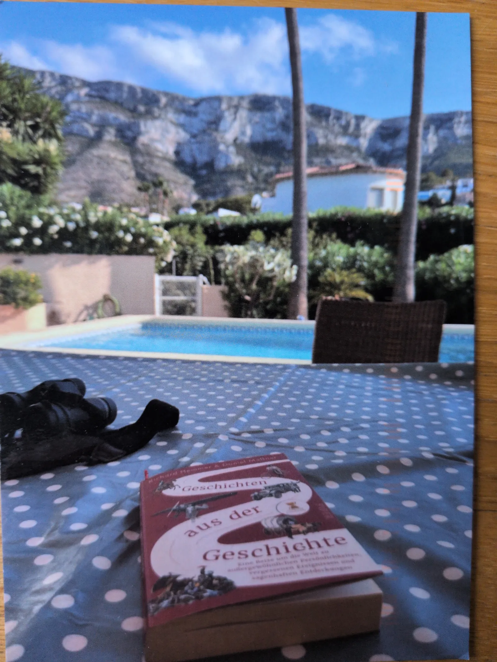 Ein Buch mit dem Titel "Geschichten aus der Geschichte" und ein Fernglas liegen auf einem gepunkteten Tisch vor einem Pool, im Hintergrund sind Berge und Palmen zu sehen.