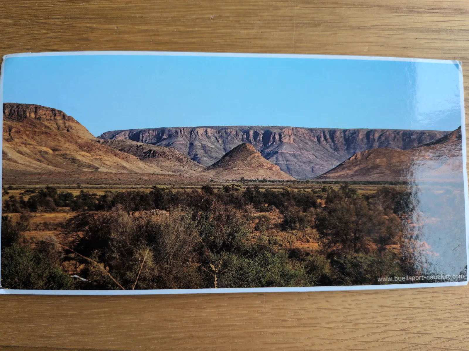 Eine weite Wüstenlandschaft mit braunen Bergen, blauem Himmel und spärlicher Vegetation im Vordergrund.