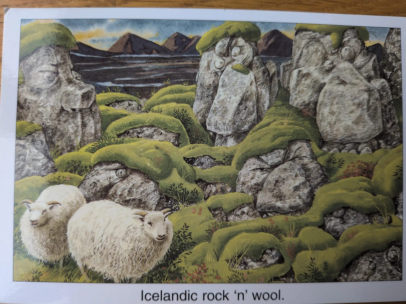 Das Bild zeigt zwei Schafe in einer felsigen, moosbewachsenen Landschaft mit Bergen im Hintergrund.