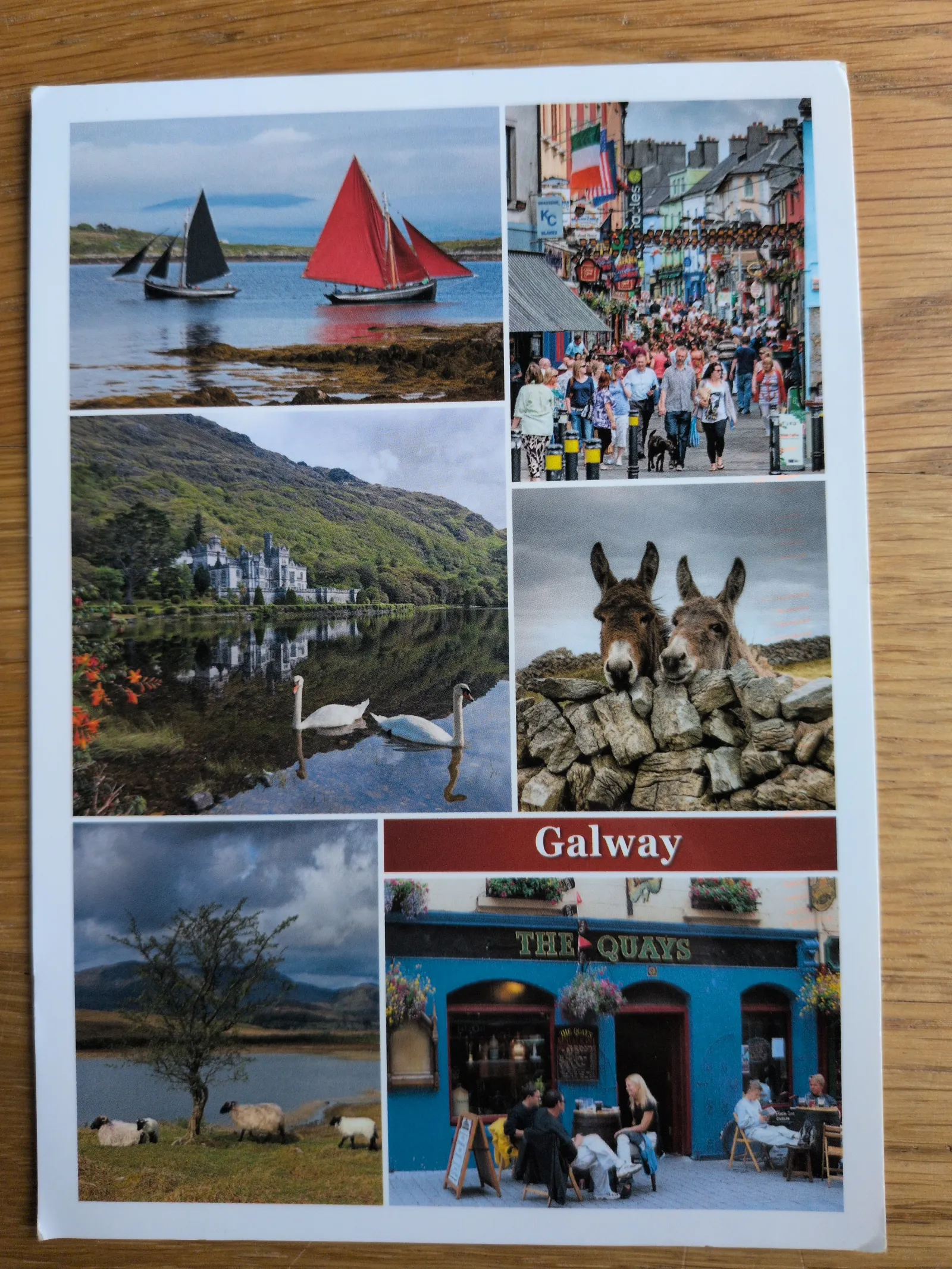 Eine Collage aus sechs Bildern zeigt vielfältige irische Szenen: Landschaften mit Booten, Tieren und einem Schloss, sowie belebte Straßen und einen Pub in Galway.