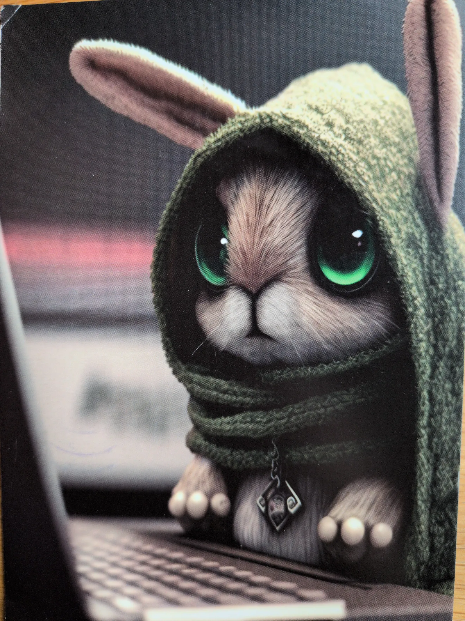 Ein flauschiges Häschen mit großen, leuchtend grünen Augen trägt einen grünen Kapuzenmantel und sitzt vor einem Laptop.
