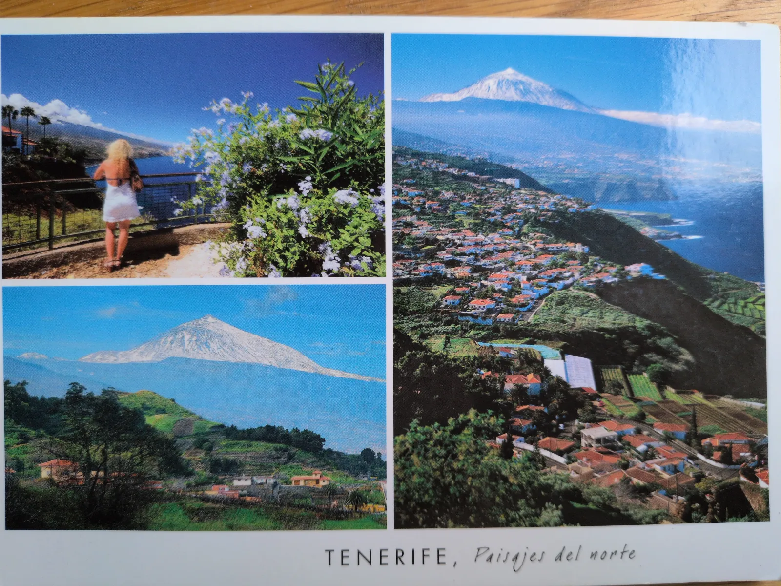 Das Bild zeigt vier Landschaftsaufnahmen von Teneriffa mit dem Vulkan Teide, Küstenabschnitten, grünen Terrassenfeldern und malerischen Dörfern.