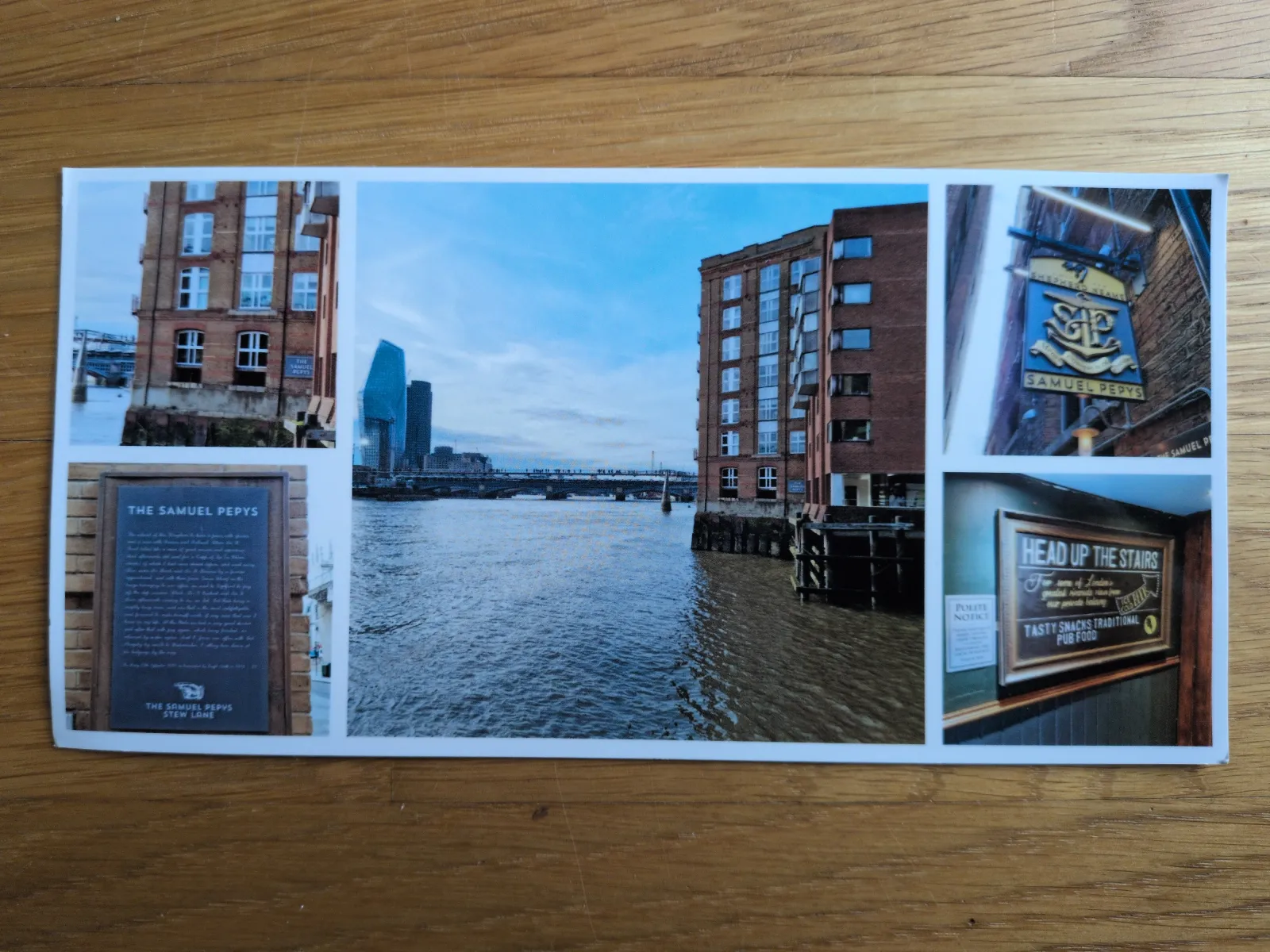 Eine Fotocollage zeigt den Pub „The Samuel Pepys“ an der Themse in London, mit Ansichten des Flusses, des Gebäudes und seiner Beschilderung.