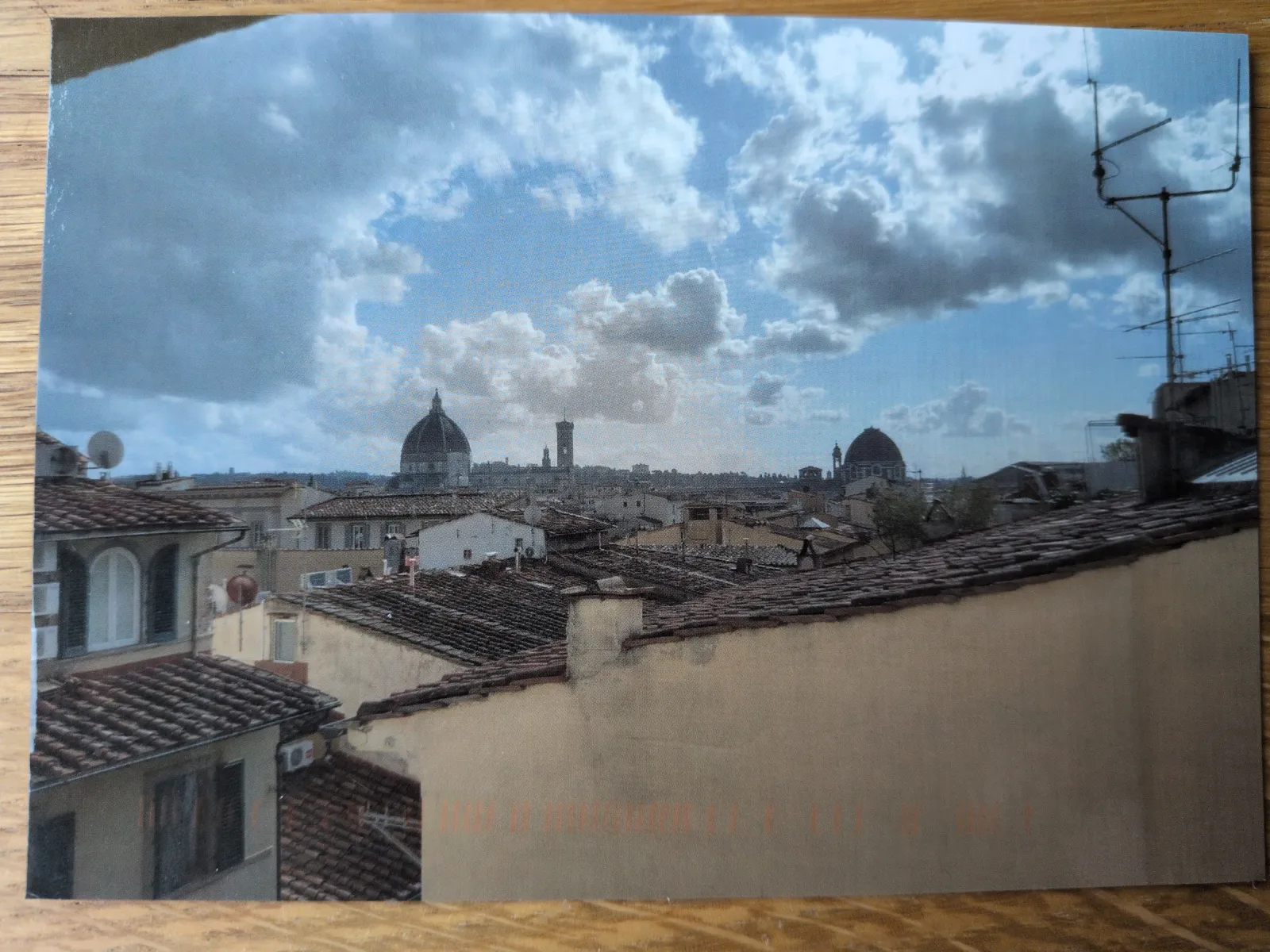 Ein Panoramablick über die Dächer von Florenz mit dem Dom und weiteren Kuppeln unter einem teils bewölkten Himmel.