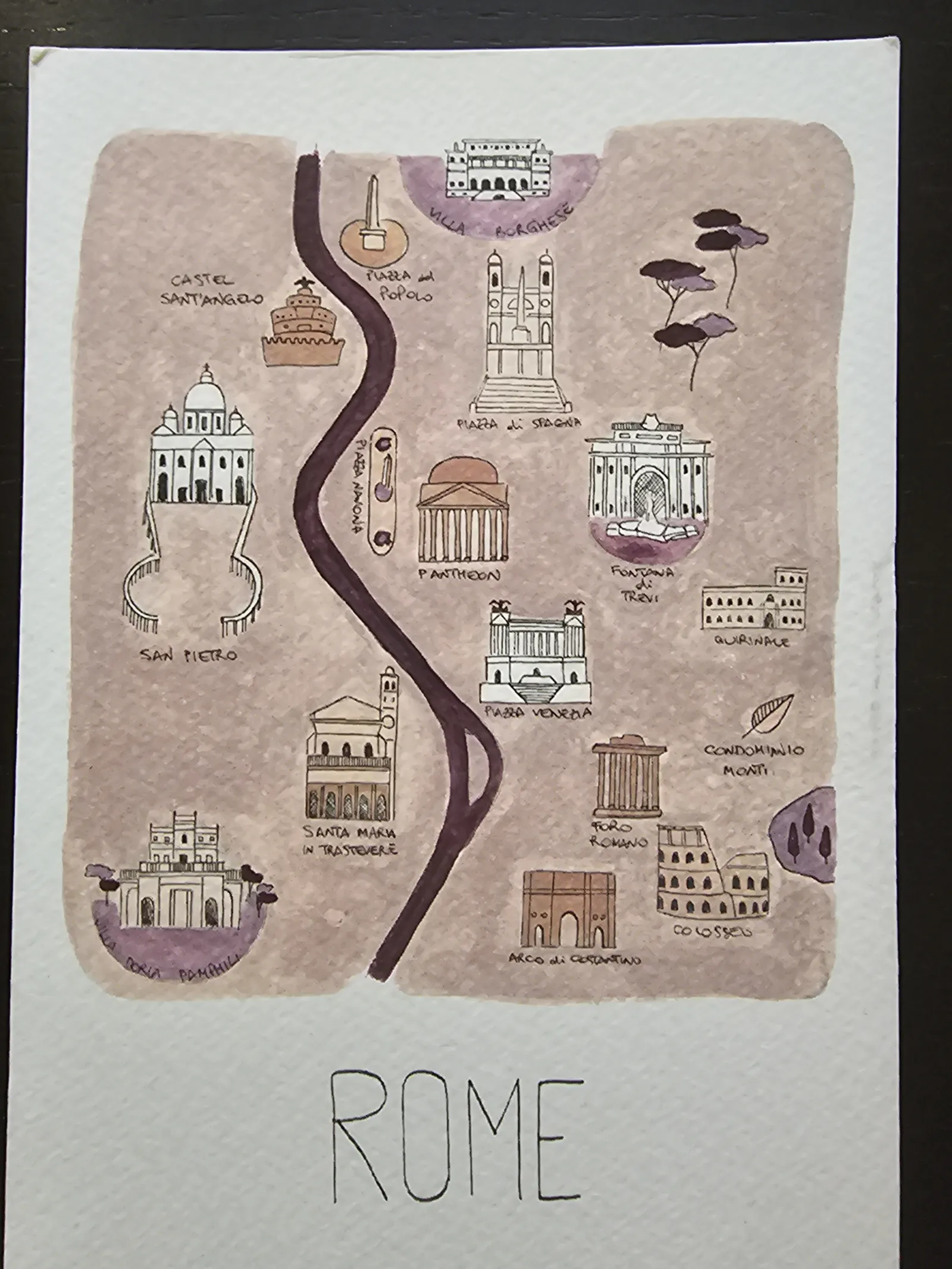 Das Bild ist eine illustrierte Karte von Rom, die zahlreiche bekannte Sehenswürdigkeiten und den Fluss Tiber darstellt.