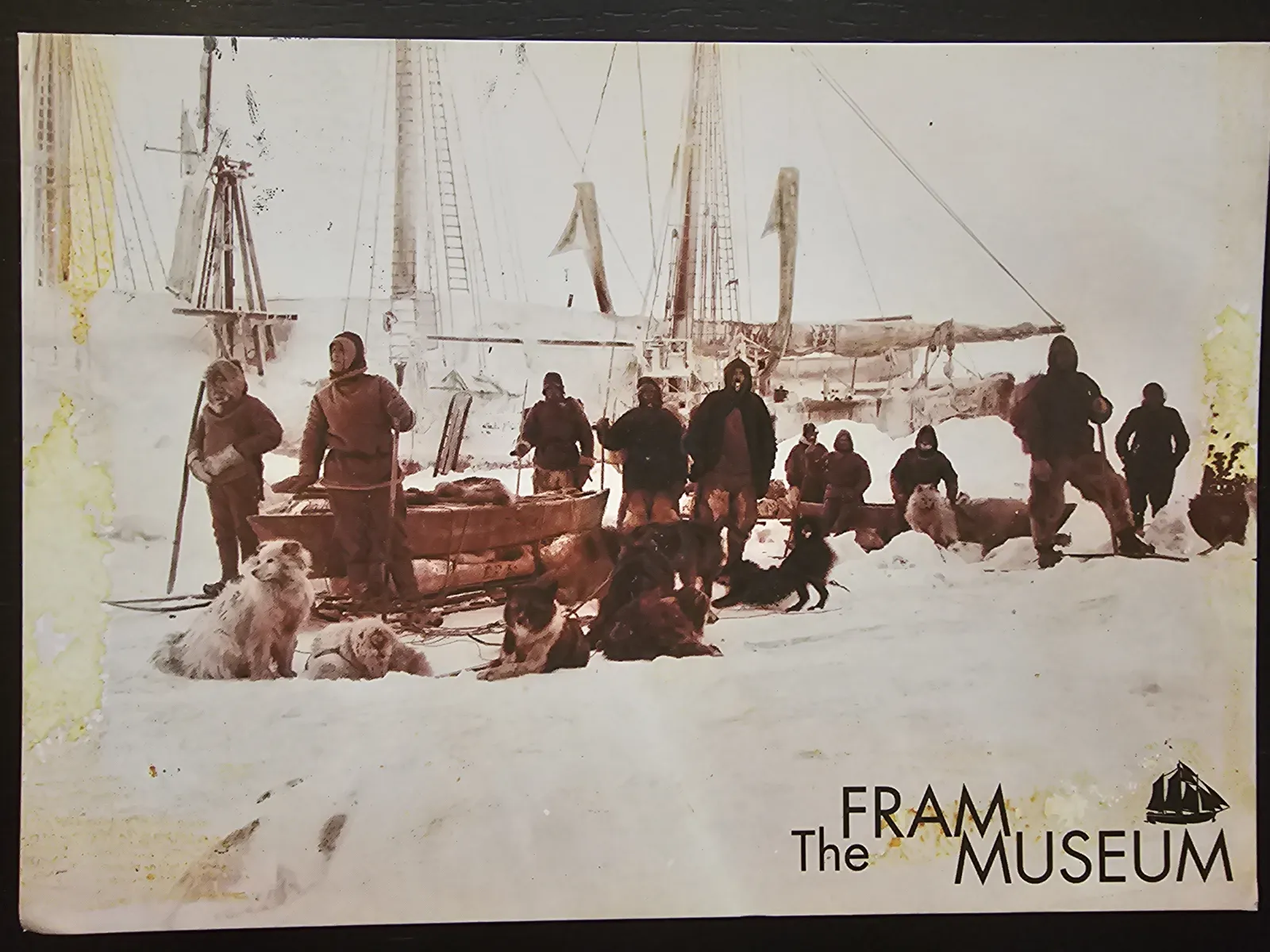 Ein historisches Bild zeigt eine Polarexpedition mit Menschen, Hunden und einem im Eis eingeschlossenen Segelschiff.