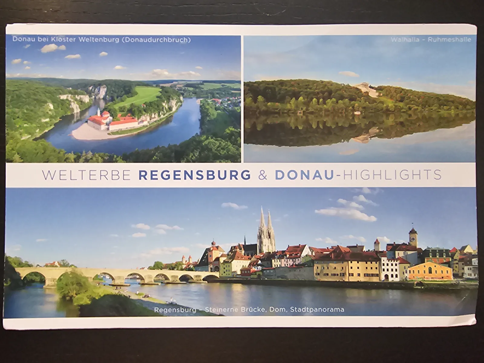 Eine Collage aus drei Bildern zeigt Höhepunkte der Donau-Region: das Kloster Weltenburg, die Walhalla und ein Stadtpanorama von Regensburg mit Steinerner Brücke und Dom.