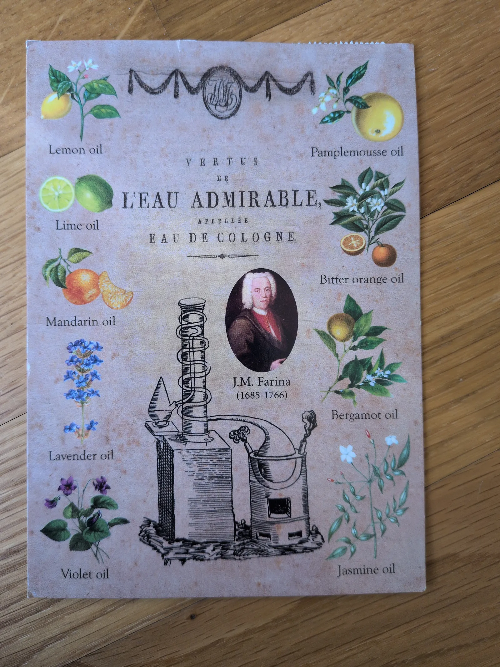 Eine illustrierte, historisch anmutende Infografik zur Eau de Cologne, die verschiedene Zitrus- und Blumenöle als Zutaten, ein Porträt von J.M. Farina und eine Destillationsanlage darstellt.