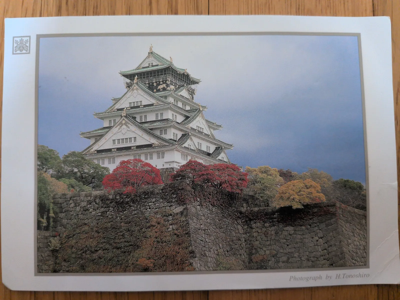 Ein mehrstöckiges, weißes japanisches Schloss mit grünen Dächern erhebt sich über einer Steinmauer und Bäumen mit roten, gelben und grünen Herbstblättern unter blauem Himmel.