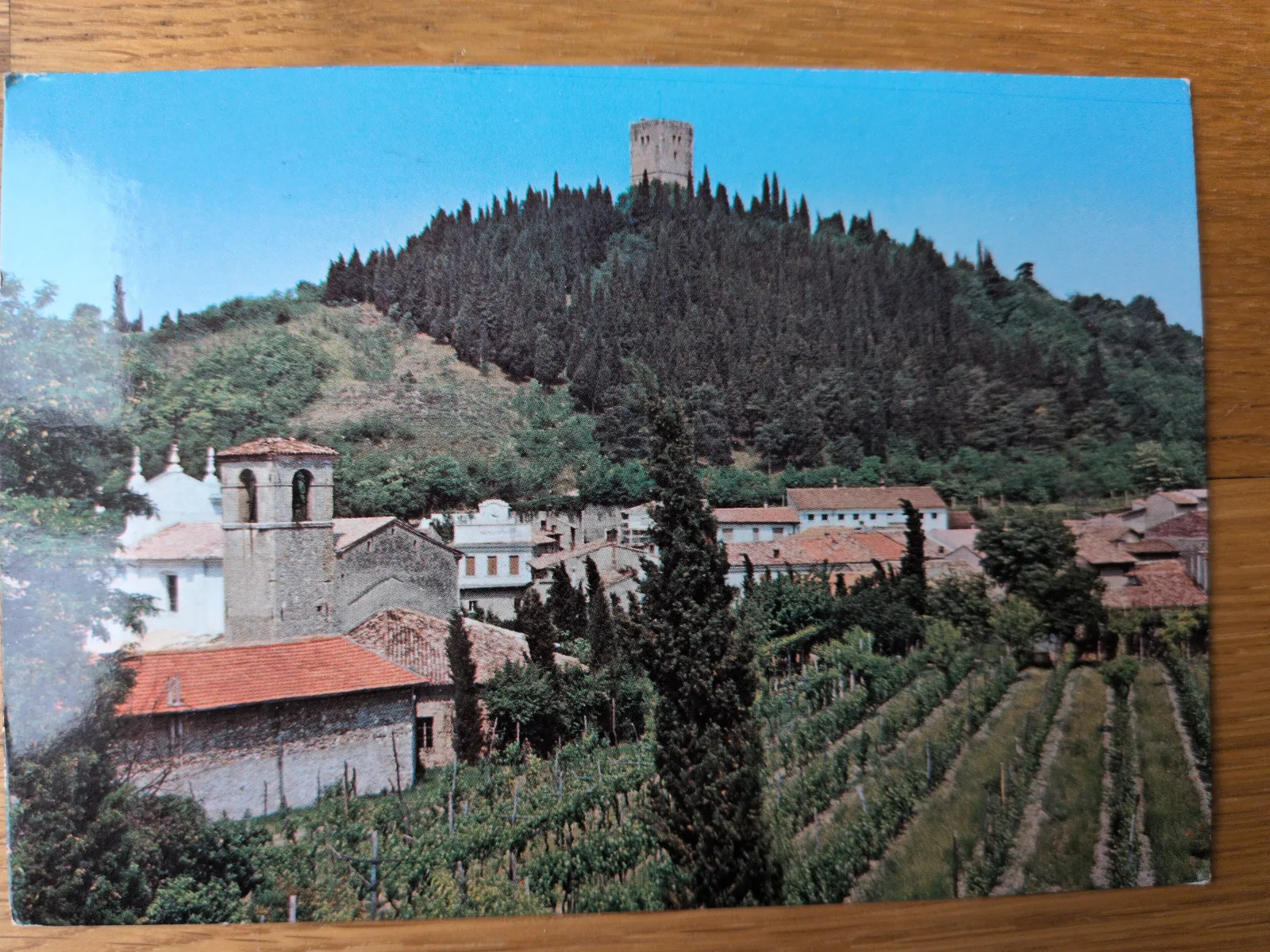 Ein Dorf mit einer Kirche und Weinbergen liegt vor einem bewaldeten Hügel, auf dessen Spitze ein alter Steinturm unter blauem Himmel thront.