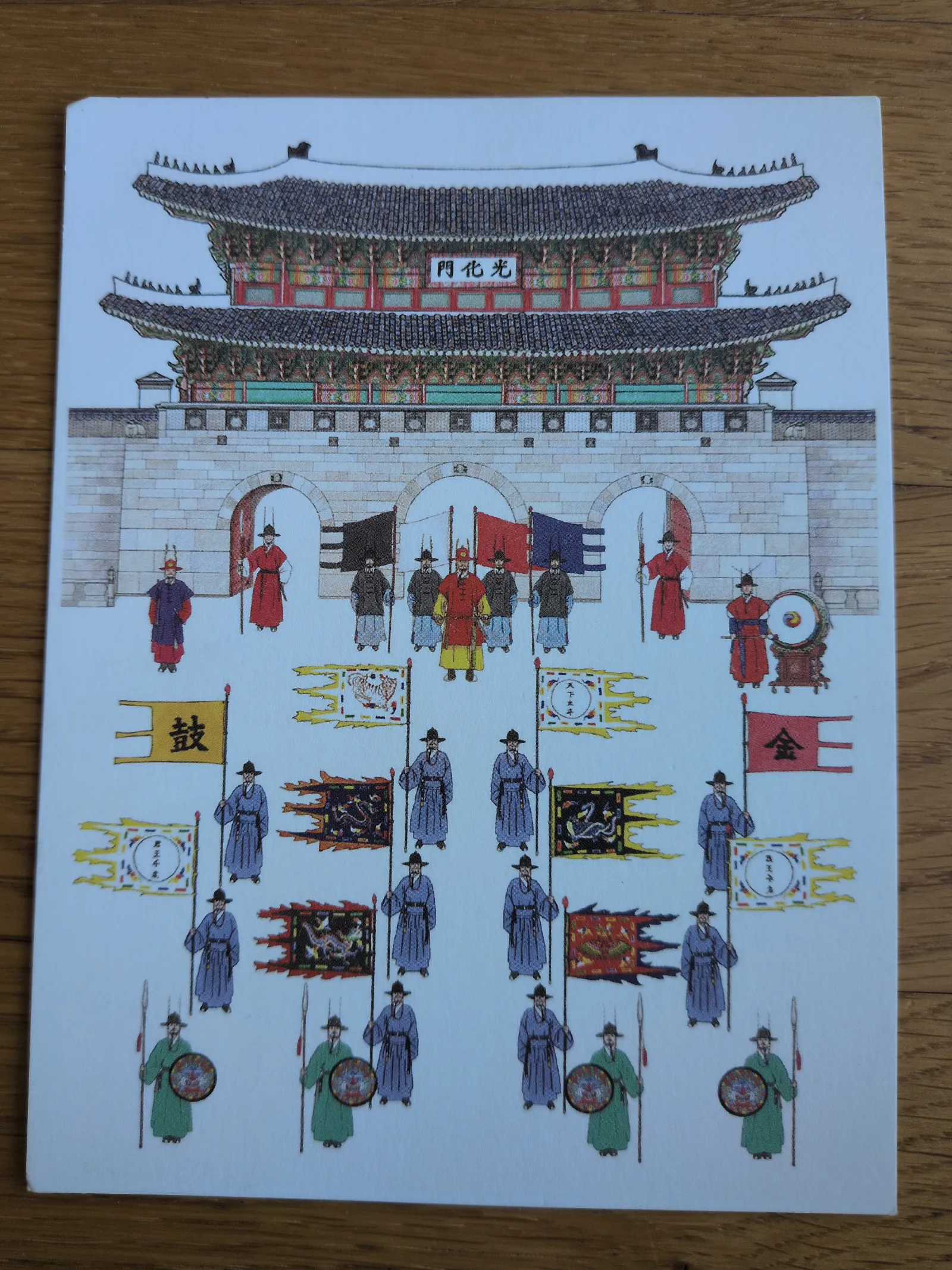 Eine farbige Illustration zeigt das koreanische Gwanghwamun-Tor mit einer Formation traditioneller Wachen, die Fahnen und Waffen tragen.