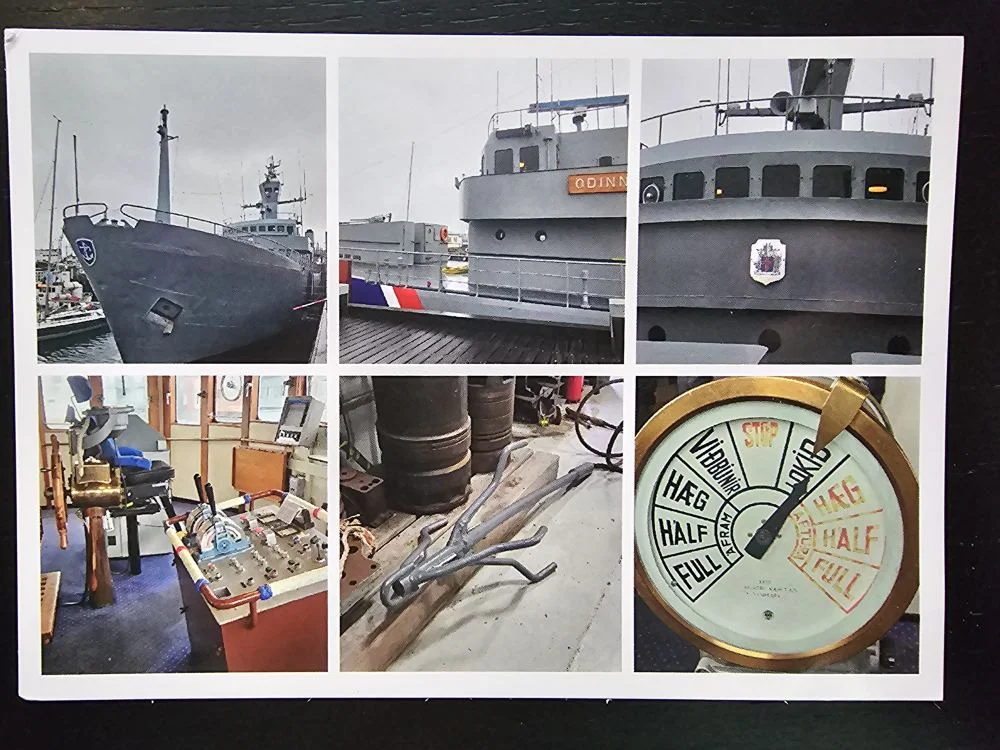 Sechs Fotos zeigen das graue Schiff ODINN von außen, die Brücke und einen Maschinentelegrafen.