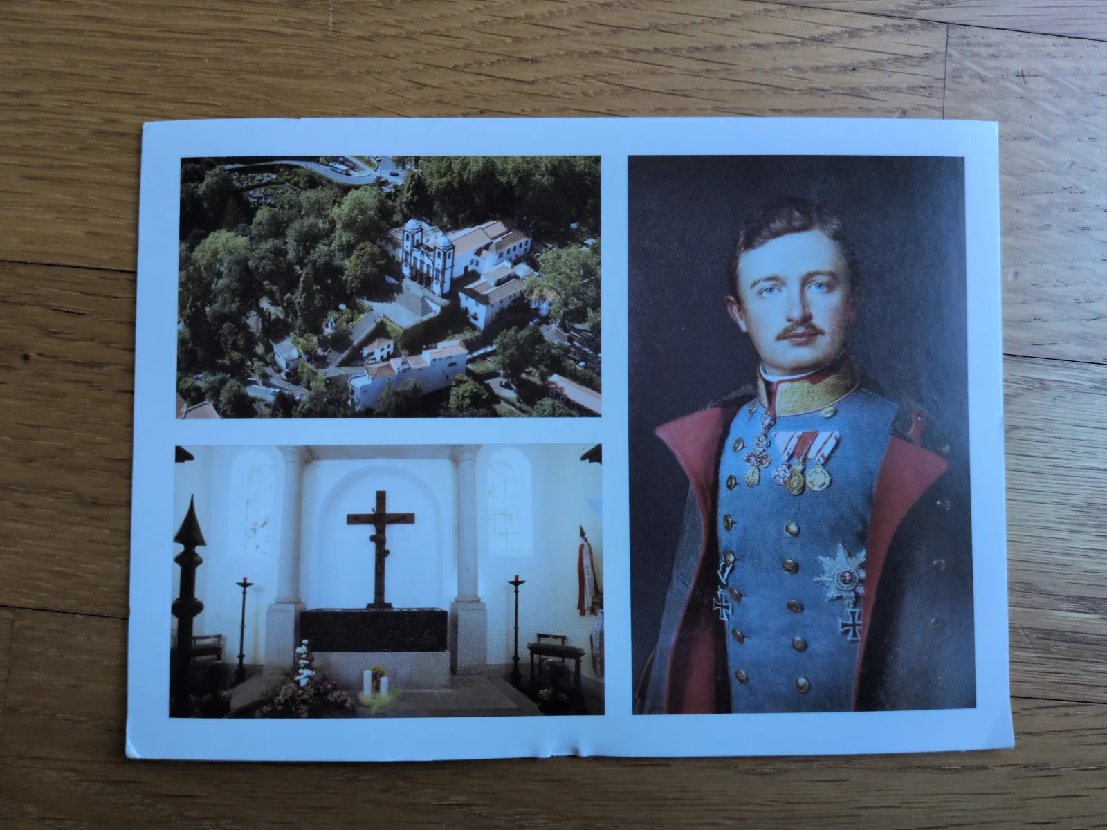Das Bild zeigt drei Fotos: eine Luftaufnahme einer grünen Stadt, das Innere einer Kirche mit Kreuz und ein Porträt von Kaiser Karl I. in Militäruniform.