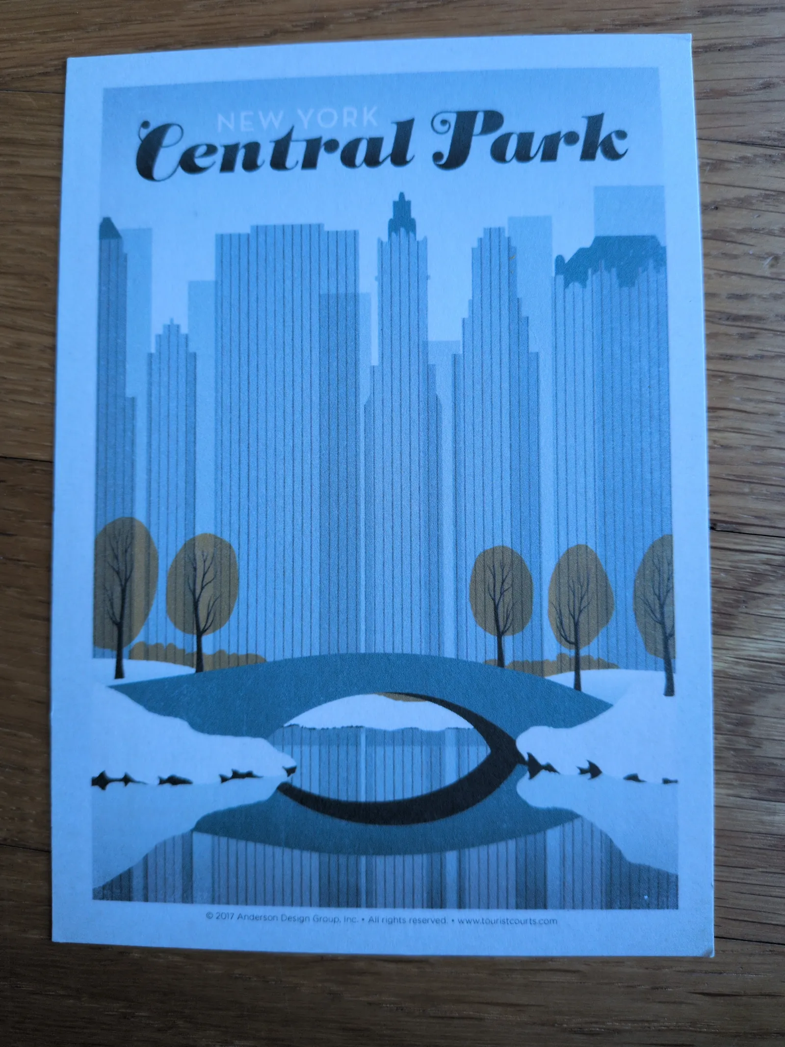 Ein stilisiertes blaues Poster mit der Aufschrift „NEW YORK Central Park“ zeigt die Skyline, Bäume, eine Brücke und Wasser.