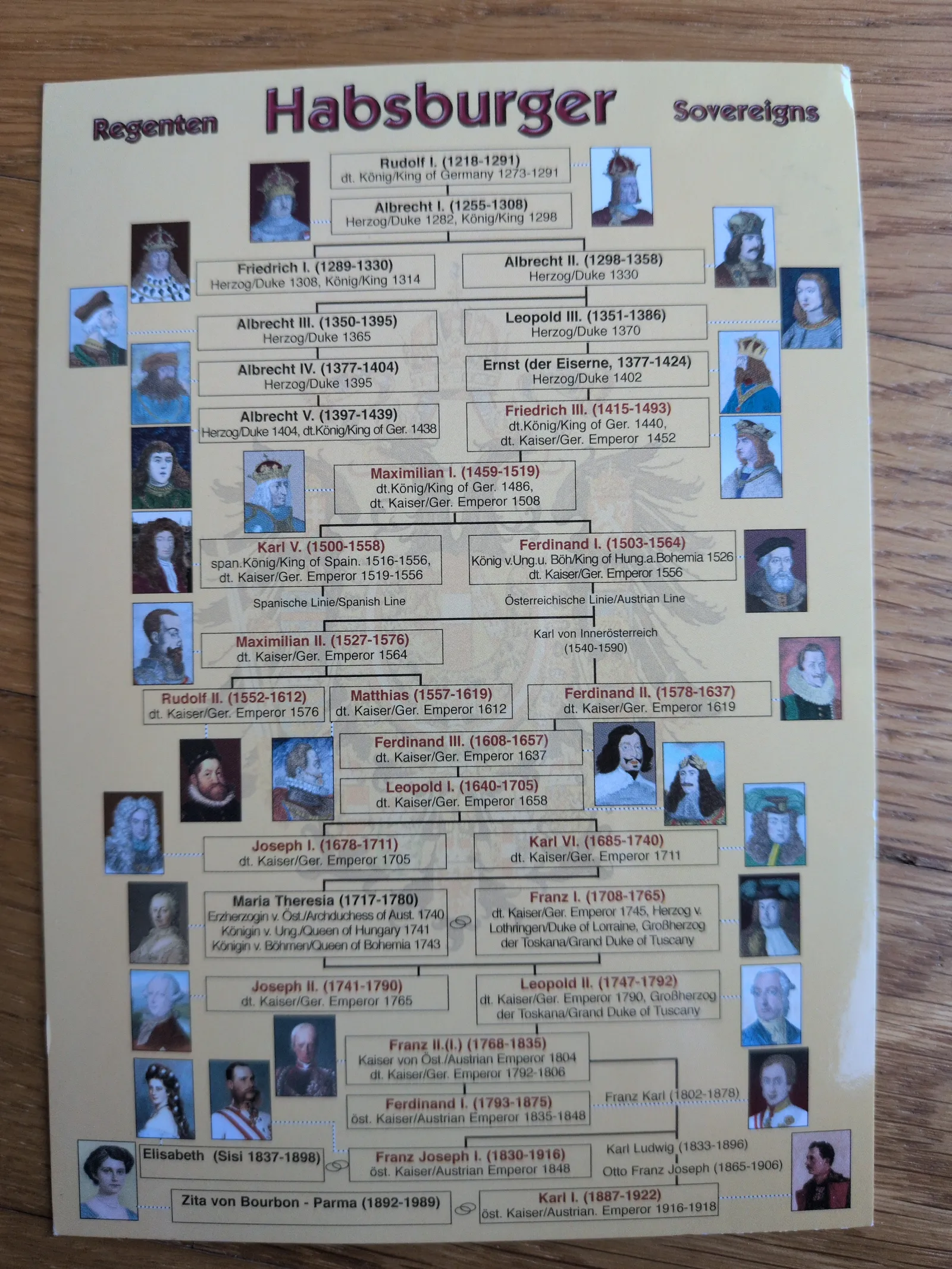 Das Bild zeigt einen Stammbaum der Habsburger Dynastie mit Porträts und Informationen zu ihren Regenten und Herrschern.