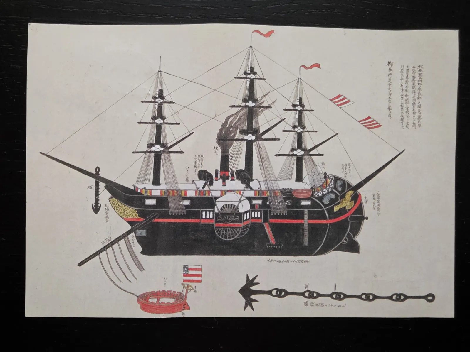 Ein japanischer Holzschnitt zeigt ein großes, schwarzes Dampfschiff mit Segeln und seitlichen Schaufelrädern, umgeben von japanischem Text und Schiffsdetails.