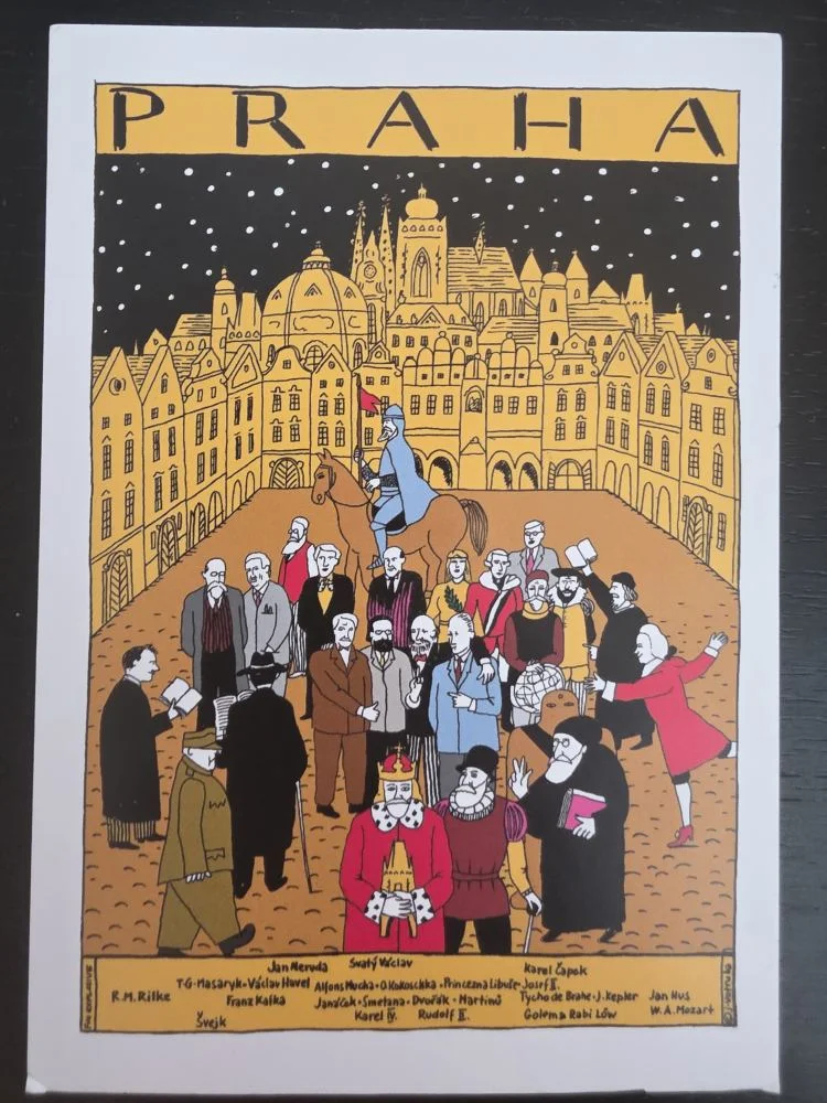 Ein farbiges Poster zeigt die Prager Skyline unter einem Sternenhimmel und zahlreiche berühmte Persönlichkeiten im Vordergrund.