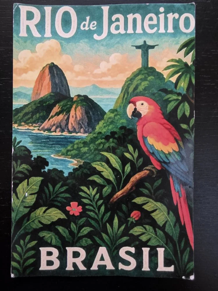 Ein farbenfrohes Vintage-Reiseplakat für Rio de Janeiro zeigt einen roten Ara im tropischen Dschungel vor der Kulisse des Zuckerhuts und der Christusstatue.