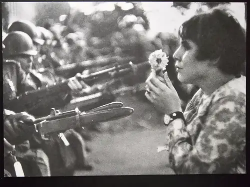 Eine Frau mit einer Blume in den Händen blickt einer Reihe von Soldaten mit aufgepflanzten Bajonetten entgegen.