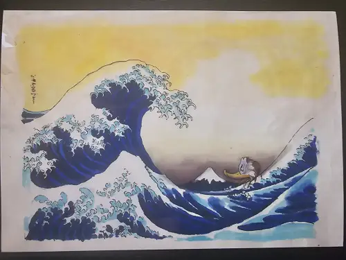 Ein Cartoon-Bild zeigt Donald Duck, der in riesigen blauen Wellen, der großen Welle von Hokusai nachempfunden, kämpft, mit einem schneebedeckten Fuji im Hintergrund und einem gelben Himmel.