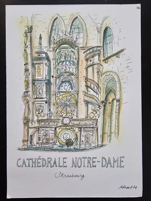 Eine farbige Skizze der astronomischen Uhr der Kathedrale Notre-Dame in Straßburg.