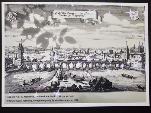 Ein Schwarz-Weiß-Kupferstich von 1644 zeigt die Steinerne Brücke und die Stadt Regensburg am Fluss.