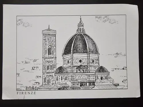 Eine Schwarz-Weiß-Strichzeichnung zeigt den Dom von Florenz mit Kuppel und Glockenturm, darunter steht „FIRENZE“.