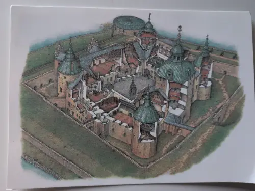 Eine farbige Schnittzeichnung zeigt ein großes, historisches Schloss mit mehreren Türmen und offenbart seine Innenräume.