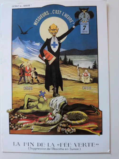 Ein karikierter Mann mit Schweizerkreuz und Bibel steht triumphierend über der besiegten, grünlichen Absinth-Fee, was das Absinth-Verbot in der Schweiz von 1910 darstellt.