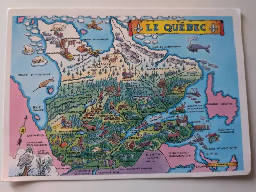 Eine farbenfrohe, cartoonartige Karte von Québec, die die Geografie, Tierwelt und typische Aktivitäten der Region illustriert.
