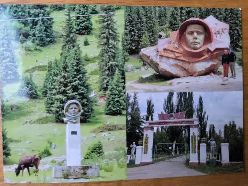 Das Bild ist eine Collage aus drei Fotos, die grüne Landschaften mit Denkmälern eines Kosmonauten, einer weidenden Kuh und einem verzierten Sanatoriumstor zeigen.