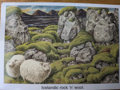 Das Bild zeigt zwei Schafe in einer felsigen, moosbewachsenen Landschaft mit Bergen im Hintergrund.