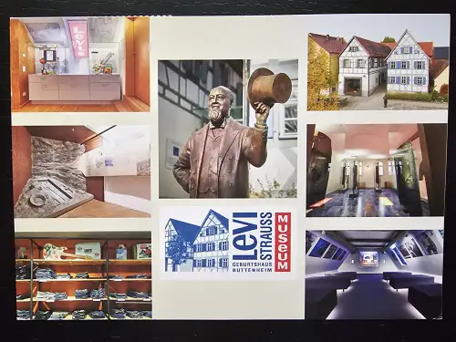 Das Bild ist eine Collage, die verschiedene Ansichten des Levi Strauss Museums zeigt, darunter das Geburtshaus, eine Statue des Gründers und Ausstellungen zur Jeansgeschichte.