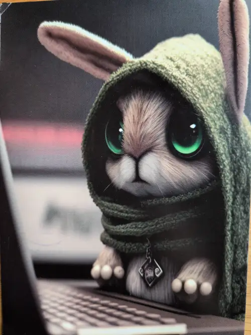Ein flauschiges Häschen mit großen, leuchtend grünen Augen trägt einen grünen Kapuzenmantel und sitzt vor einem Laptop.