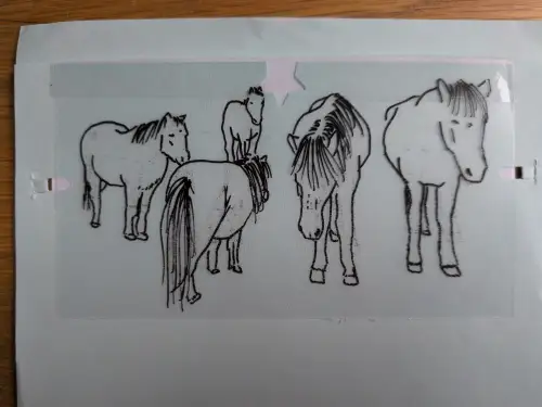 Auf einem hellblauen Blatt Papier sind fünf einfache schwarze Strichzeichnungen von Pferden zu sehen.