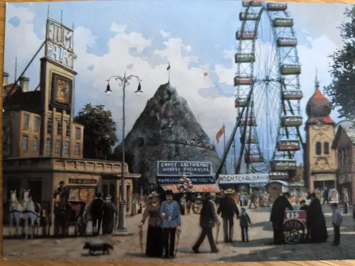 Eine historische Jahrmarktszene mit Riesenrad, einem Berg und zahlreichen Menschen in altmodischer Kleidung ist zu sehen.