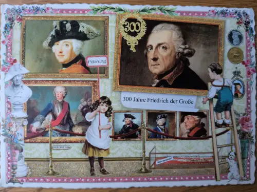 Eine farbenfrohe Collage zeigt eine Museumsausstellung über Friedrich den Großen mit historischen Porträts und Kindern.