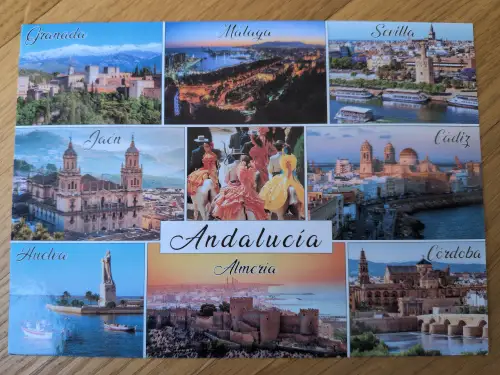 Eine Collage aus neun Bildern präsentiert bekannte Städte und Wahrzeichen Andalusiens, ergänzt durch eine traditionelle Reiterszene.