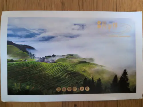 Das Bild zeigt eine neblige, grüne Berglandschaft mit weitläufigen Reisterrassen und einem kleinen Dorf.