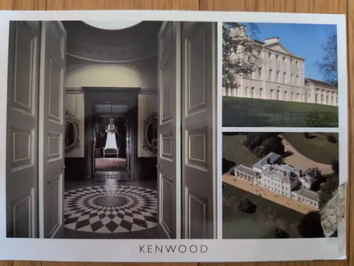 Das Bild ist eine Collage von Kenwood House, die einen prächtigen Innenraum mit gemustertem Boden und zwei Außenansichten des Herrenhauses in seiner weitläufigen Parklandschaft zeigt.