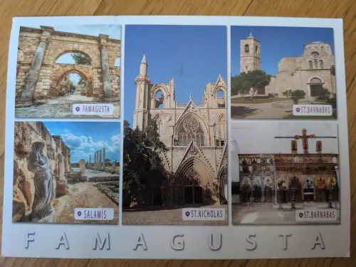 Diese Postkarte zeigt eine Collage von fünf historischen Stätten und religiösen Gebäuden aus der Region Famagusta, Zypern.
