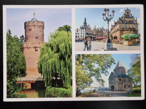 Eine Postkarte zeigt drei historische Ansichten der niederländischen Stadt Nijmegen: einen mittelalterlichen Turm an einem Teich, einen belebten Marktplatz und eine alte Kapelle im Grünen.