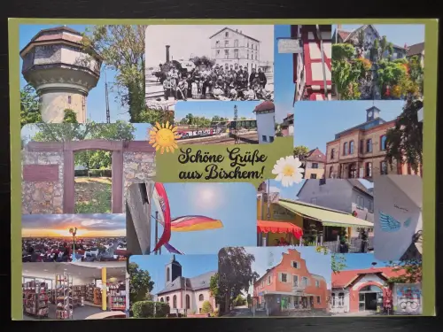 Eine Postkarte zeigt eine Collage aus verschiedenen historischen und modernen Ansichten von Bischofsheim rund um den zentralen Schriftzug „Schöne Grüße aus Bischem!“.