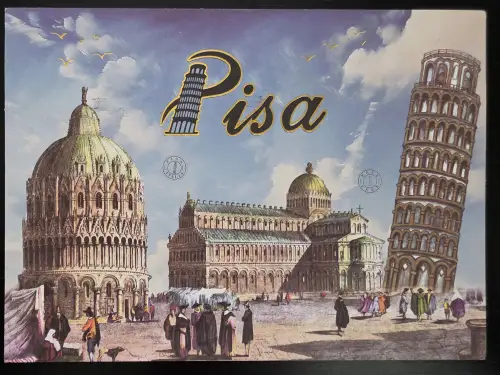 Eine nostalgische Illustration zeigt die berühmten Bauwerke von Pisa – das runde Baptisterium, die Kathedrale und den Schiefen Turm – mit flanierenden Menschen im Vordergrund und dem goldenen Schriftzug „Pisa“ am Himmel.